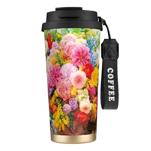 花柄 ボヘミアン風 コーヒーカップ 500ml真空断熱マグボトル 保温 保冷 多重構造 大容量 直飲み ストロー付き洗いやすい アウトドア 漏れ防止 サーモス水筒 食品グレードステンレス316 男女兼用 車用 父の日、母の日ギフト 外出、自宅、オフィス使用