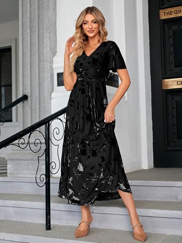 Image of Simplee Women's V Neck Velvet Maxi Dress Short Sleeve Empire Waist Long Formal Dress for Wedding Guest