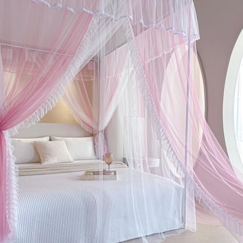 AIKASY 4 Corners Post Ruffle Princess Bed Canopy Curtain - Double Layer Cozy Drape Netting with 4 Openings - Elegant Mosquito Net for Girls and Adults Bedroom Decoration (Pink,Full) by AIKASY - Image 8