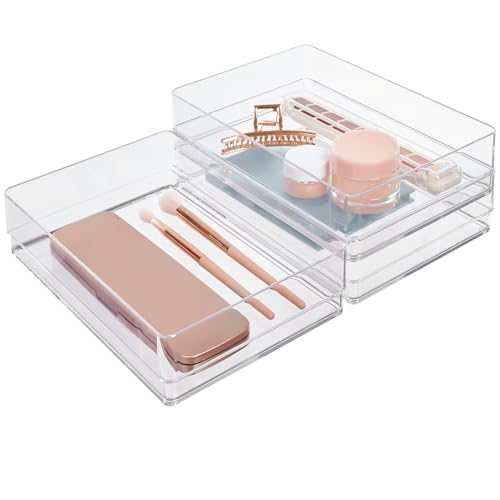 STORi SimpleSort 3-Piece Stackable Clear Drawer Organizer Set | 9' x 6' x 2' Rectangle Trays | Wide Makeup Vanity Storage Bins and Office Desk Drawer Dividers | Made in USA