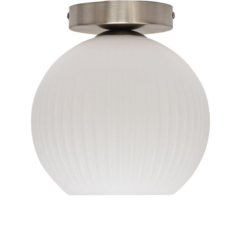 Firstchoicelighting Satin Nickel & White White Ribbed Glass Globe Ceiling Light Flush Fitting With Satin Nickel Detail, Modern Low Ceiling Lighting