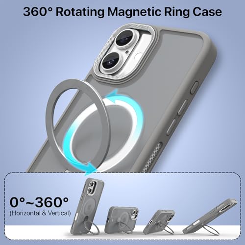 Image of eller sante Maximus Back Cover Case for iPhone 16 Plus with Magnetic Ring Metal Kickstand Camera Screen Protector TPU Shockproof 10ft Drop Protection Compatible with Mag-Safe- Grey