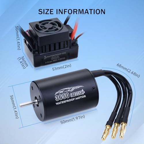Surpass Hobby RC Brushless Motor and ESC Combo Waterproof 3650 3100KV Brushless Motor and 60A ESC Combo Set for 1/10 Remote Control Cars Trucks Off-Road Vehicle