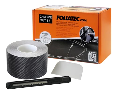 Foliatec Chrome Out Set Auto Zierleisten Folie Zierstreifen zum Folieren von Auto Chromleisten, carbon glänzend, 15m x 5cm Foliatec Chrome Out Set Auto Zierleisten Folie Zierstreifen zum Folieren von Auto Chromleisten, carbon glänzend, 15m x 5cm