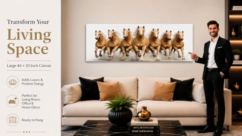 Image of 7 Horse Vastu Sunrise Canvas Painting | Positive Energy Wall Decor | Big Size Premium Running Horses Artwork for Home, Office & Hall Decoration (Modern, Light Brown Horse, 44x20 Inch)