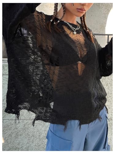 Verdusa Women's Hollow Out Crochet Sweaters Top Long Sleeve Ripped Knit Top Gothic Clothes Concert Outfits Fall Clothes2