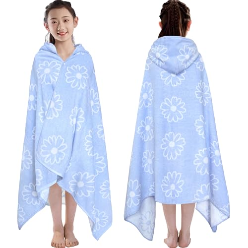 VOOVA & MOVAS Hooded Bath Towels for Teens/Big Kids (8-14 Years) | Soft Absorbent 100% Cotton Thick Towel Wrap | Versatile Beach, Pool, Swim & Bath Cover-Up | Jacquard Blue Daisy