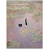 CAXIYSH Black Cat Wall Art Monet Water Lillies Poster Vintage Funny Floral Cat Canvas Picture Famous Paintings Art Prints for Aesthetic Room Wall Decor 12x16 Inch Unframed