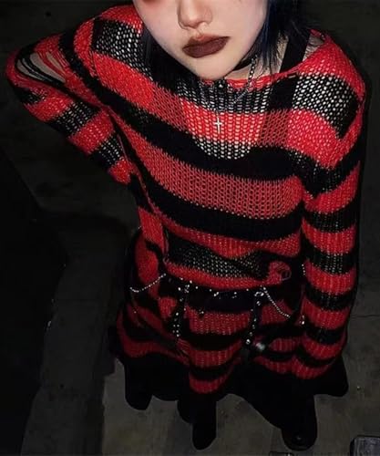 Image of Goth Y2K Striped Sweater Grunge Ripped Punk Gothic Sweaters for Women