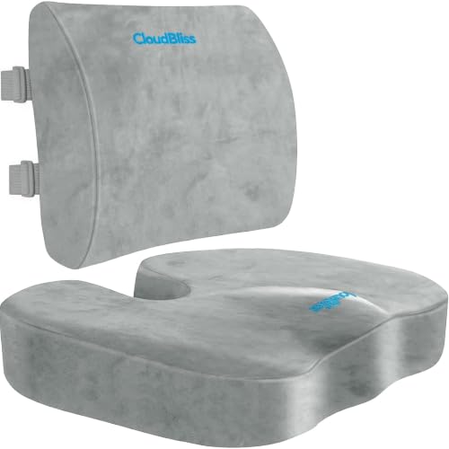 Image of CloudBliss Lumbar Support Pillow & Seat Cushion Set for Office Chair,Desk Chair,Wheelchair & Car-Memory Foam Back Support, Ergonomic Chair Cushions, Sciatica Pain Relief,Home Essentials(Light Grey,XL)