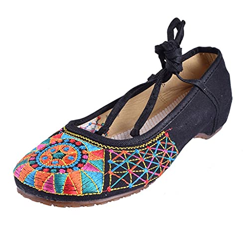 Fashion Casual Ethnic Retro Style Women's Plum Flower Embroidery Soft Sole Flat Shoes Old Peking National Cloth Shoe (Color : Black Size : Code 37) (Black Code 36) - Main Image