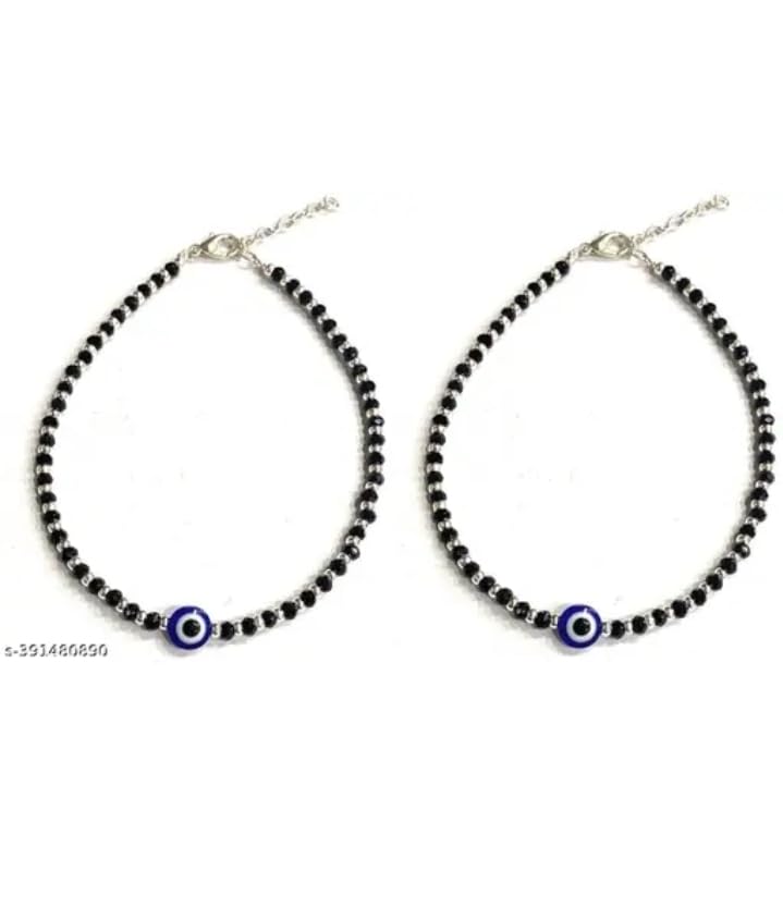 Image of Evil Eye Anklet with Black Crystal Stones, Stainless Steel Chain