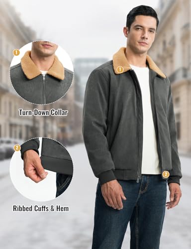 Image of Rdruko Men's Corduroy Sherpa Fleece Lined Jacket Turn-Down Collar Warm Winter Jacket, Dark Grey, XL