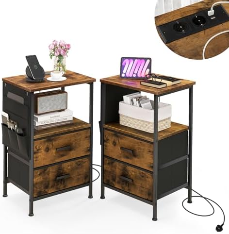 Blooming Table D'appoint Avec Station De Charge, 2 Tiroirs Et Rangement Pour Petits Espaces Chene Avec Grains Bleus Et Noir Boim2398