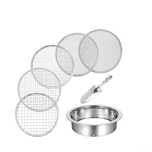 Set di setacci per terreno in acciaio inox con 5 maglie intercambiabili, dimensioni 1 mm, 3 mm, 6 mm, 9 mm, 12 mm, setaccio da giardino, per lo sviluppo delle radici delle piante, include vanga