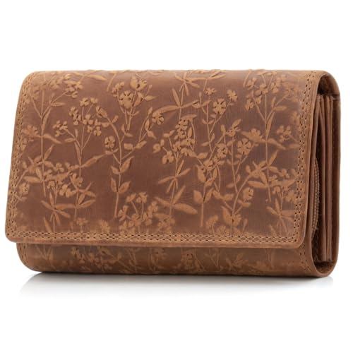 ekavale Portemonnee für Damen mit Blüten Muster RFID-Schutz, Leder Geldbörse Langformat mit Druckknopf (Braun)