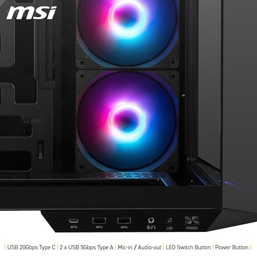 MSI MAG PANO 100R PZ Boîtier PC ATX - Compatible Installation Verticale de Carte Graphique, Support GPU, filtres à poussière, Cage de Stockage pivotante, Double Compartiment, USB Type-C 20 GB/s