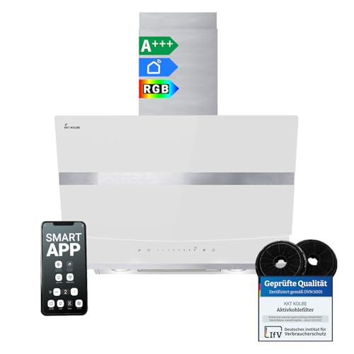 KKT KOLBE Campana extractora A+++ 60 cm | 782 m3/h recirculación o salida | inclinada frontal libre | inox y cristal blanco | WiFi App | LED RGBW | control SensorTouch | HERMES6005WM