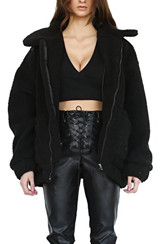 kooosin Fluffy Women Coats Faux Wool Blend Warm Winter Jacket Zip Up Long Sleeve Oversized Fashion Outerwear(070-B-XXL) Black