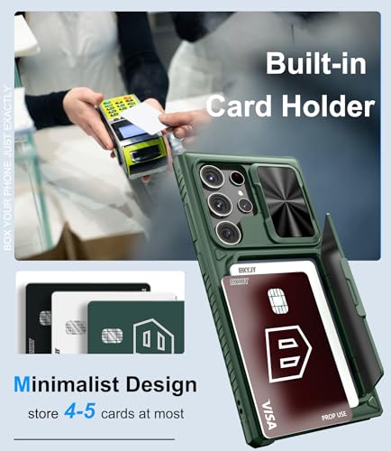 BXYJY for Samsung Galaxy S24 Ultra Case with Card Holder (Store 4-5 Cards) & Kickstand & Slide Lens Cover, Military Grade Drop Protection, Rugged Silicone Wallet Case for Samsung S24 Ultra 2024, Green - Thumbnail 3