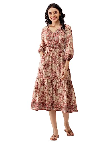 Image of AASK Abstract Printed Puff Sleeve Gathered Detailed Fit Flare Dress