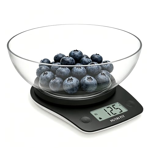 NUTRI FIT Báscula digital de alimentos con cuenco de 2 L, báscula de cocina digital de 11 libras para cocinar onzas y gramos, 4 unidades con precisión de 0.1 oz/1 g, pantalla LCD grande, color negro