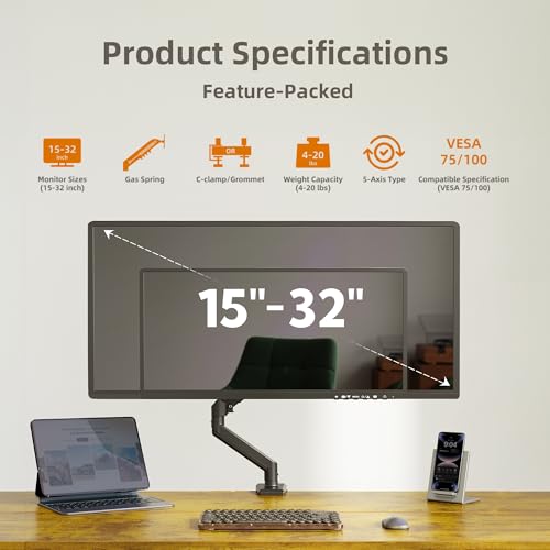Image of Claiks Single Monitor Mount, Ergonomic Gas Spring Monitor Arm for 15-32 inch Screens, Adjustable Computer Stand up to 20 lbs, with Clamp and Grommet Base, VESA Mounting Holes 75&100mm, Black