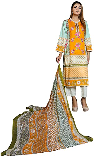 IshDeena Ready To Wear Cotton Lawn With Embroidery Pakistani Dress For Women With Chiffon Aar Dupatta - Three Piece Set (XL, Orange)