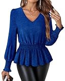 Lotusmile Date Night Tops for Women: Sequin Top - Blue Sparkly Top for Christmas Party Date Night Long Sleeve Cocktail Tops Elegant Peplum Blouse Flattering Holiday Sequin Shirts Blue Dressy Blouses
