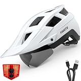 Favoto Fahrradhelm Herren für MTB & Rennrad, mit Wiederaufladbarem USB-Rücklicht, Magnetischer Brille und Abnehmbarem Visier, Weiß