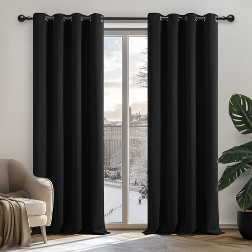Image of Deconovo Blackout Curtains Eyelet, Energy Saving Thermal Insulated Window Panels, Noise Reduction Bedroom Curtains for Living Room, 55 x 118 Inch, Black, 2 Panels