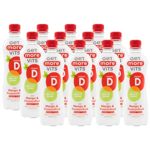 Get More Vits - Vitamin D Still Mango & Passionfruit Spring Water (12 x 500ml), Support Healthy Bones, Teeth & Muscles, Boost Immune System, Sugar Free, Low Calorie, Natural Flavours, Vegetarian