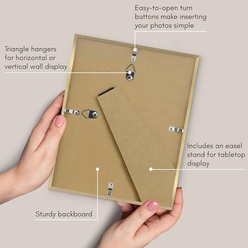 Americanflat 8x10 Picture Frame with Shatter-Resistant Glass - Streamline Collection - Thin Border Picture Frame for Tabletop and Wall Display - Hanging Hardware and Easel Stand Included - Gold