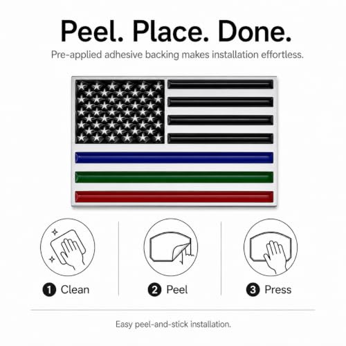 Image of Thin Line American Flag Car Emblem, 3.15 x 2 Inch Metal USA Flag Badge with Blue Red Green Lines, Patriotic Auto Decal for Cars Trucks SUVs, First Responders Police Firefighters Military Support