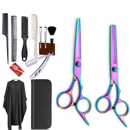 Ciseaux Coiffure,Ciseaux Desepaississant Cheveux,Ciseaux Coiffeur Professionnel,14 Pcs Ciseaux Coiffure Professionnel vec Peigne Cheveux Ciseaux,Peigne Lame,Clips,pour Hommes,Femmes (coloré, 14PCS)