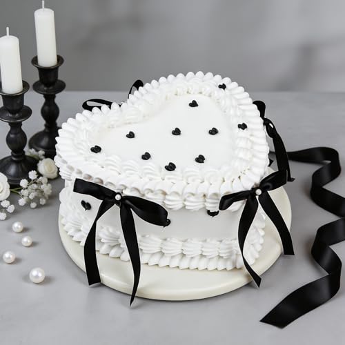 WARMALL 6 Inch Black Bow Fake Cake - Realistic Artificial Cake for Wedding Coquette Dessert Table Decor Reusable Fake Cake for Photography Anniversary Birthday Party DecorationWhite & Heart