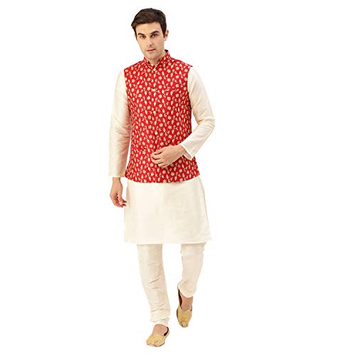 Image of SOJANYA (Since 1958 Men's Cotton Linen Maroon Kurta and White Pyjama with Mustard Cotton Nehru Jacket