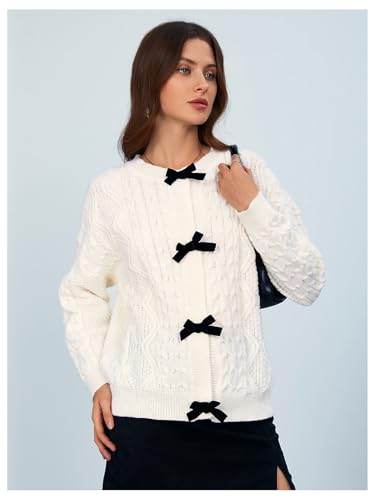 Image of MakeMeChic Women's Bow Knot Sweater Cardigan Cable Knit Long Sleeve Crew Neck Knitted Cardigan Outerwear