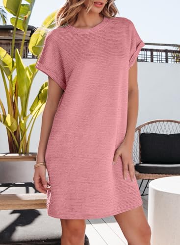 Image of EVALESS Womens Summer Dresses 2026 Fashion Short Sleeve Cute Spring Mini Dress Crewneck Casual Beach Vacation Dresses