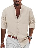 TUREFACE Mens Long Sleeve Shirt Beige Casual Button Down Collarless Comfort Cotton Linen Shirt
