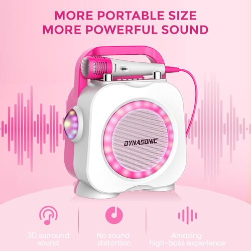 Altavoz karaoke con microfono DYNASONIC rosa recargable y ligero para niñas 6