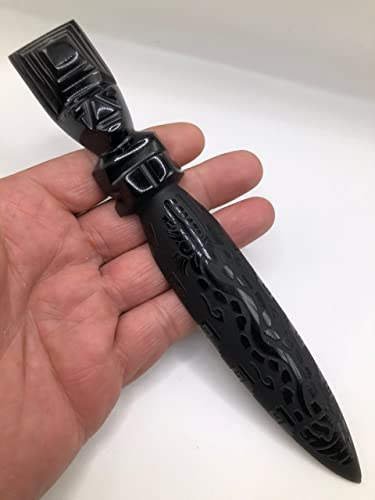 7.8 In Black Obsidian Letter Opener, Polished And Engraved Handmade By Craftmen, Figurine, Paperweight Stone, Craft Teotihuacan Mexico (Design 7) - 7.8 X 1.1 In - 3.28 Oz Weight #TOP5