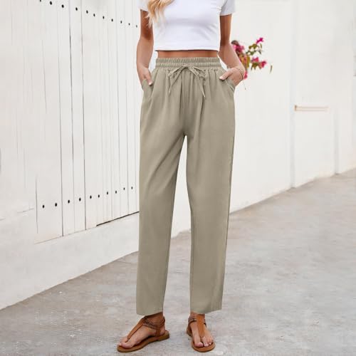 2025 Linen Pants Women Summer Casual High Waisted Pants for Women Lace Wide Leg Comfy Loose Trousers with Pockets4