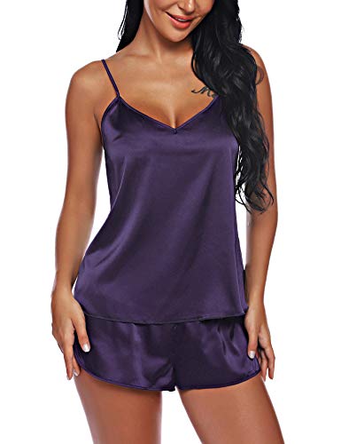 Rslove Women's Silk Pajamas Sexy Lingerie Satin Sleepwear Cami Shorts Set Nightwear Iris M #TOP2