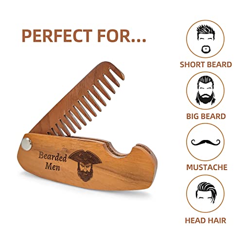 Wooden Beard Comb For Men | Folding Pocket Wooden Comb | Men's Hair, Beard & Mustache Comb| Walnut Combs | Laser Engraving (Bearded Men) #TOP6