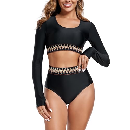 Maillot de bain deux pièces taille haute rashguard manches longues imprimé pour femme active