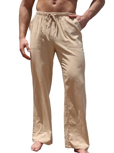 ALSOGO Men's Casual Linen Pants Elastic Drawstring Waist Summer Beach Yoga Long Trousers with Pockets(Khaki,Large)