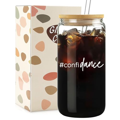 Mikopei Dance Gifts for Teen Girls - Dancer Gifts for Girls, Dance Accessories Competition Party Favors Must Haves Decor, Cute Confidance Glass Cup with Lid and Straw, Iced Coffee Cup Smoothie, 16 oz