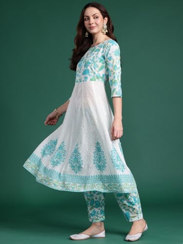 Image of INDO ERA Women's Pure Cotton Anarkali Floral Printed Kurta and Pant with Dupatta Set (KH0WH10039)