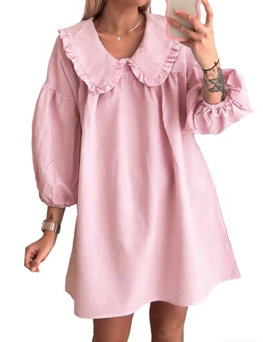 Ynhonra 2025 Women's Babydoll 3/4 Puff Sleeve Plaid Mini Dress